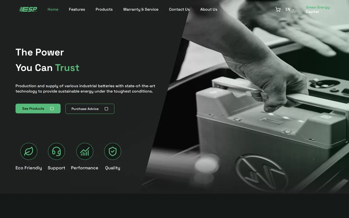 ESP website, dark theme with green