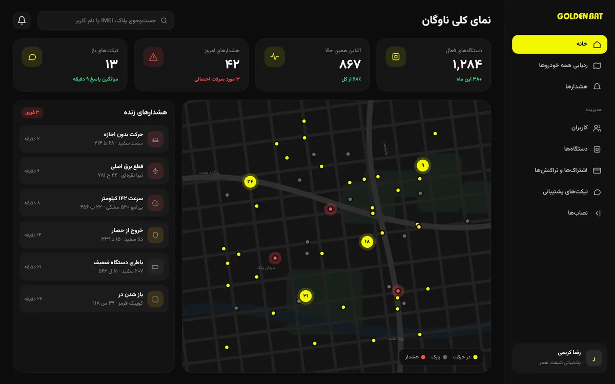 Fleet overview with a live map and urgent alerts