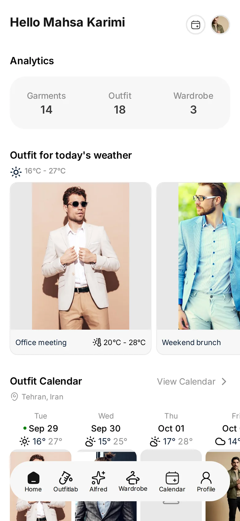 Home: analytics, outfits for today’s weather and the outfit calendar